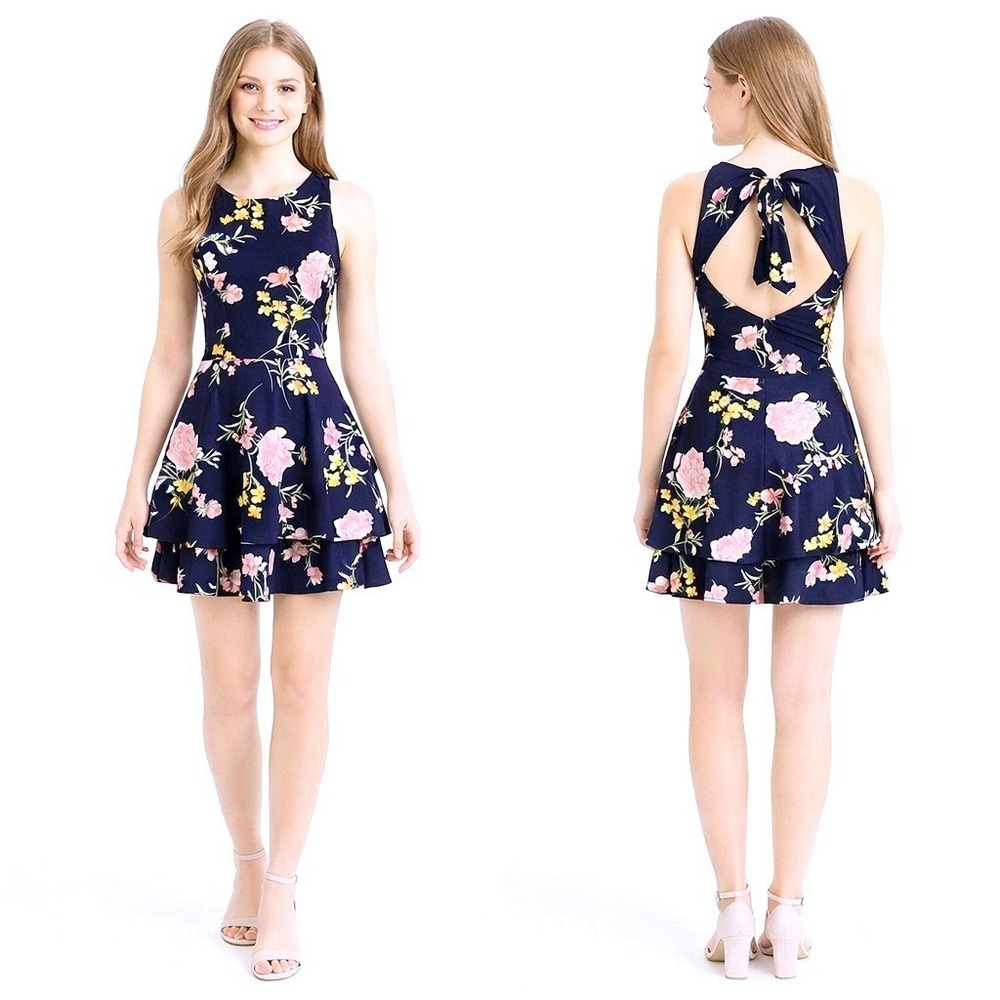 NWT B. Darlin‎ Juniors Tiered Floral Fit & Flare Dress Navy Blue Open Back 5/6